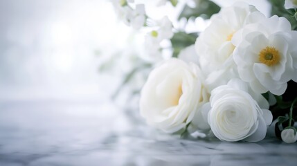 Beautiful flowers, roses, over marble background. Bouquet of flowers at cemetery , funeral concept.