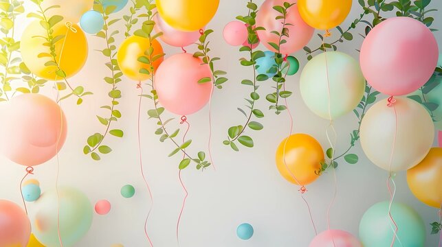 Farewell Party, balloon garland, spring theme, indoors, realism, naturallight, white background, Generative AI illustrations.
