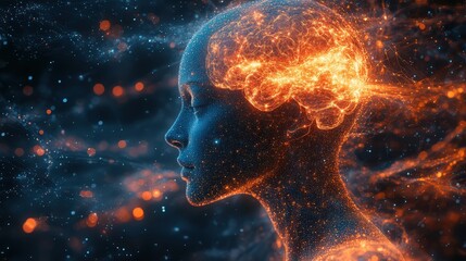 Concept art showcasing a stylized, glowing human head revealing the brain activity