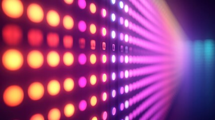 Colorful LED wall, vibrant lights, futuristic corridor, digital display, tech background