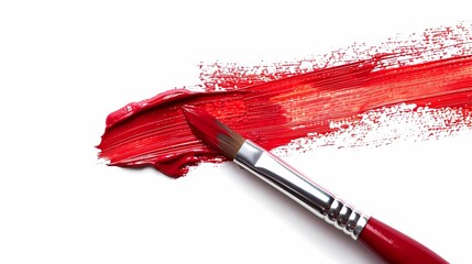 A photo of an art brush drawing a red stoke, white solid background, Generative AI illustrations.