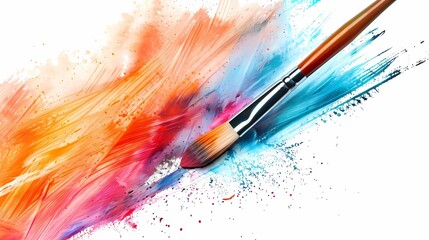 Fototapeta premium A photo of an art brush drawing a colorful stoke, white solid background, Generative AI illustrations.