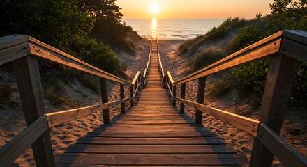 Fototapeta premium A serene collection of scenic beach pathways and wooden stairs at sunset, capturing peaceful coastal moments, golden light, and nature’s tranquil beauty.
