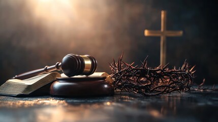 Gavel, Bible, crown of thorns, cross; dark studio background; religious legal concept