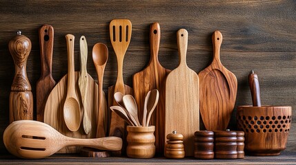Wooden kitchen utensils and tools arranged on a rustic wooden surface.