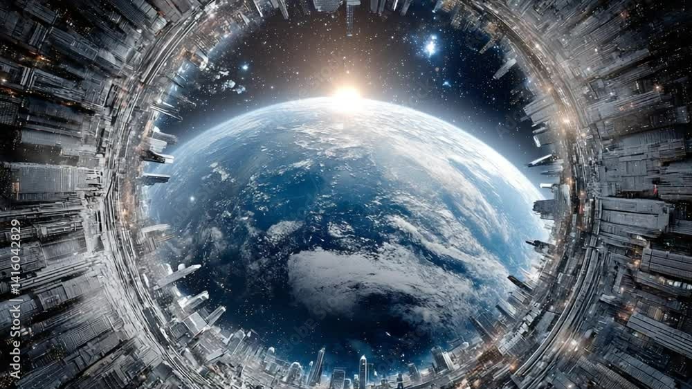 Poster view of earth from a futuristic spaceship with glowing city skyline generative ai