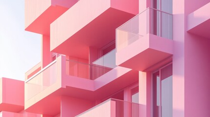 Fototapeta premium Pink building, balconies, sunset, modern architecture, design