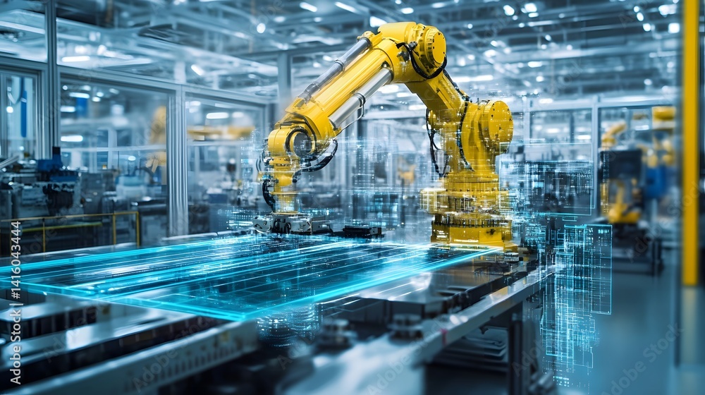 Aufkleber a robot is working in a factory with a blue and green background. the robot is yellow and has a futu