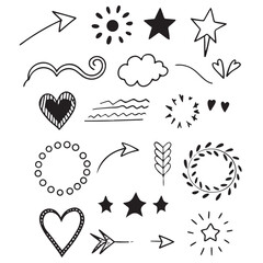 Scribble doodle underline emphasis line shape set. Hand drawn brush stroke highlight speech bubble 
cloud sparkle arrow element in childish drawing style vector illustrations. 