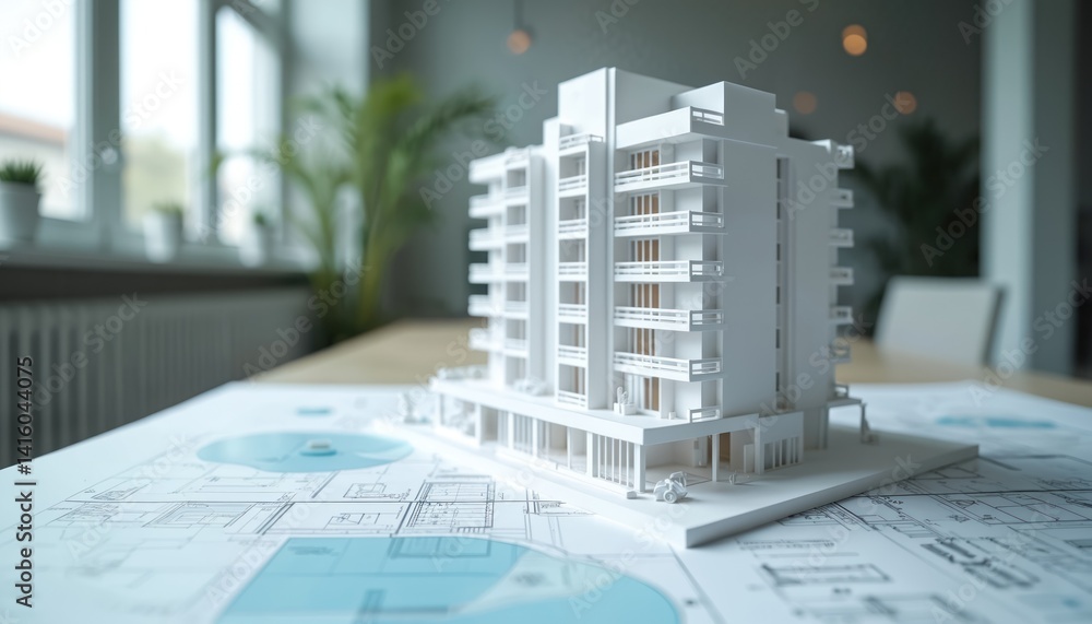 Poster detailed close-up of architectural designs scale model representing contemporary building project in