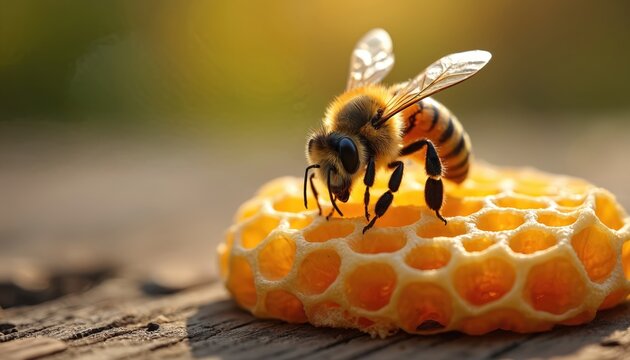 Honey bee sitting on honeycomb in nature. Detailed macro of insect on table. Bee produces honey, working to make food. Yellow hexagon wax cells. Apiculture, beekeeping, farming concept.