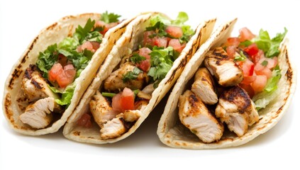 Three chicken tacos, garnished with chopped tomatoes, lettuce, and cilantro.  Freshly cooked and ready to eat
