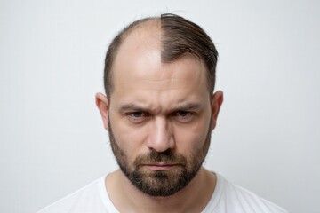 Obraz premium Middle-aged Caucasian man with half shaved head and beard.
