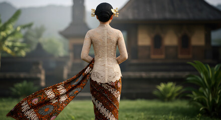 An Indonesian girl wearing a beautiful traditional kebaya batik outfit with a serene rural atmosphere and traditional house in the background, kartini days
