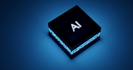 computer processor with a blue glow. AI powered SOC or CPU, Artificial Intelligence Chip, Next Generation of Processors. 3D render of a Chip with AI, Cyber Security, Cyber Space and Technology Concept