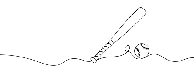 Continuous lines, baseball bat and baseball line art vector illustration with background editable stroke.