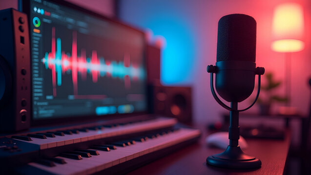 Distinctive Podcast Theme Music: Harmonious Melodies & Innovative Sound Design for Memorable Brand Identity in Photo Stock Concept with Left-Side Empty Space