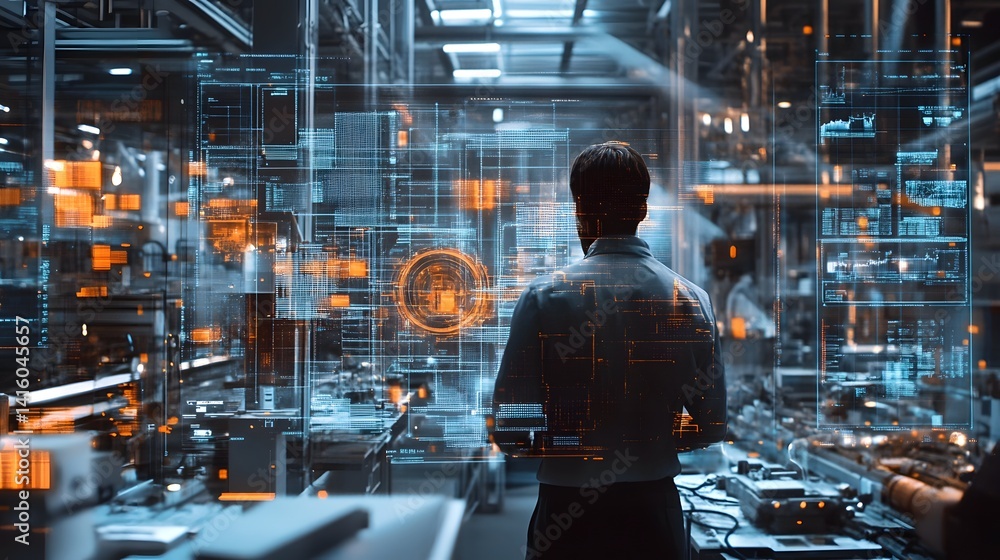 Poster a man stands in front of a computer screen with a large, glowing orange circle. concept of awe and w