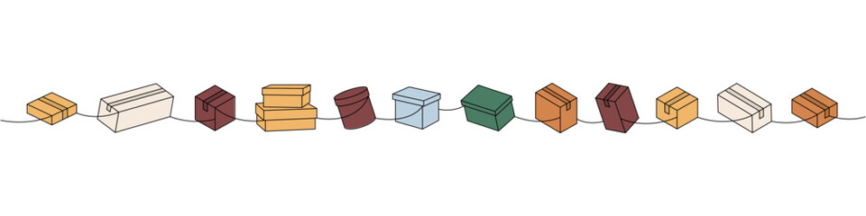 Set of cardboard boxes. Delivery boxes one line colored continuous drawing. Present gift boxes. Vector illustration.