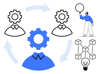 Gear-head figures with arrows showing process flow, blockchain diagram, bulb representing idea, person holding a balloon. Ideal for teamwork, innovation, process, technology, brainstorming planning
