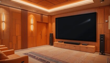 Opulent home theater room showcasing a large screen and immersive audio system