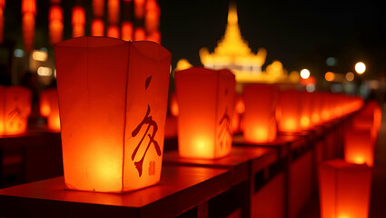 Elegant Vesak Lantern Festival: Captivating High-Definition Cultural Display with Vibrant Illumination and Refined Ceremonial Lighting - Perfect for Stock Photos with Space for Text