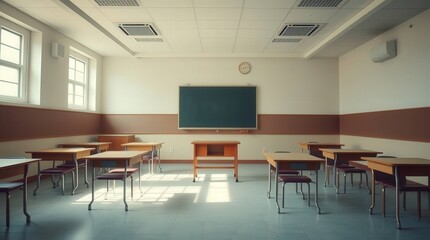 Empty classroom with wooden desks and blackboard.