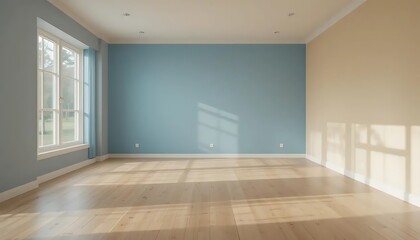 Sunlit interior space with wooden floors and pastel colored walls