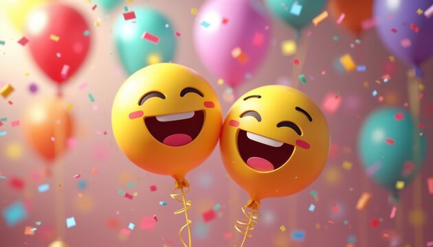 3D render of happy face emoji balloons with confetti. Party celebration background. Cute yellow balloon faces show joy, laughter and smile. Festive mood, birthday, party invitation, fun concept.