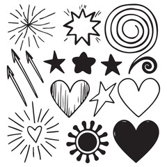 Scribble doodle underline emphasis line shape set. Hand drawn brush stroke highlight speech bubble 
cloud sparkle arrow element in childish drawing style vector illustrations. 