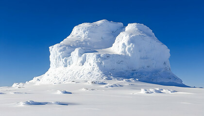 Majestic ice formation under a clear blue sky, surrounded by a vast white snow landscape