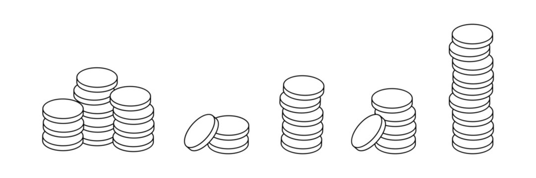 Set of outline gold coins stacks. Finance, investment, business concept. Vector illustration.