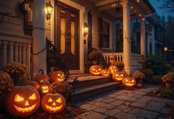 Obraz premium Enchanted Halloween Porch: Glowing Jack-o'-lanterns and Autumnal Decor
