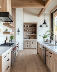 Modern kitchen with wooden accents and plants.