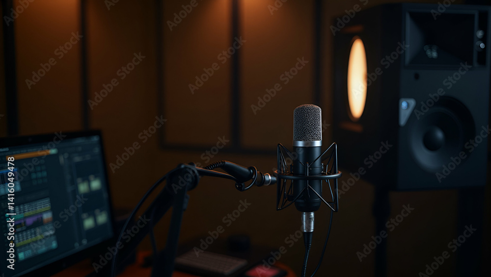 Poster professional podcast recording session in acoustically optimized studio with premium equipment and s
