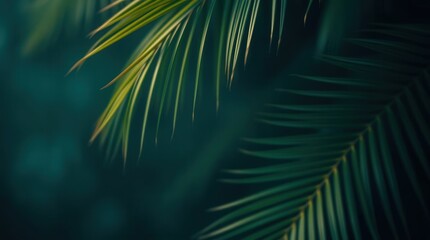 Serene close-up of palm leaves against a deep green backdrop.
