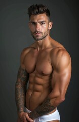Handsome muscular man in white underwear. Male model with six pack abs, bodybuilder physique with perfect skin poses. Dark hair, beard. Studio shot with gray background.