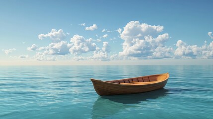 Wooden Rowboat on Calm Ocean Water under Blue Sky with Fluffy Clouds Peaceful Summer Day Sea Azure  
