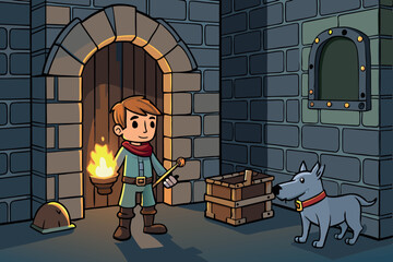 Adventurous boy holding a torch with his dog in a mysterious castle dungeon, filled with cobblestone walls and the warm glow of fire