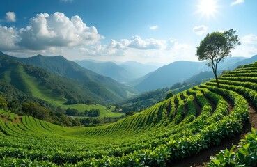 Naklejka premium Scenic view of tea plantation in mountains. Rich green terraced fields, rural landscape. Tea growing, agriculture, nature, farming, harvest, production, travel tourism, eco, sustainability, green