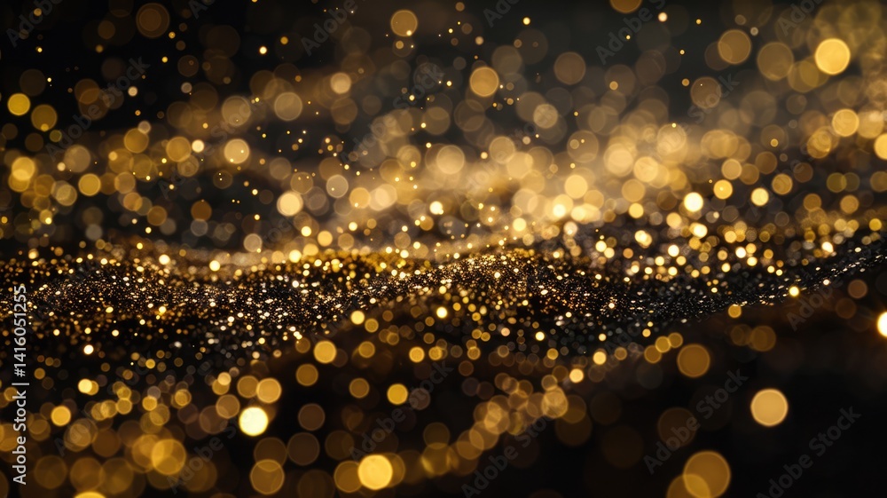 Poster golden bokeh lights on dark background. abstract digital art for design with glowing and golden glit