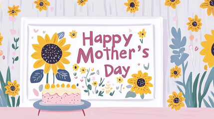 Framed Mother's Day message to celebrate all moms near a cake slice with yellow sunflowers. Concept of Motherhood, celebration, family, love, gratitude, nurturing, care, flowers, gift