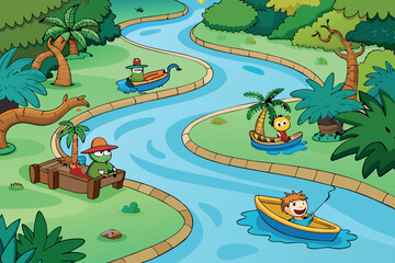 A lively jungle river snaking through a dense forest with animals and tropical trees in a bright and colorful illustration