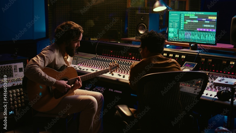 Poster talented artist doing live performance with his guitar in professional studio, recording new songs w