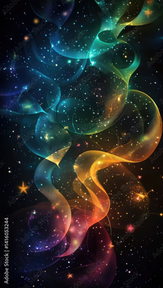 Poster a mesmerizing display of colorful swirling lights and sparkling stars set against a deep dark backgr