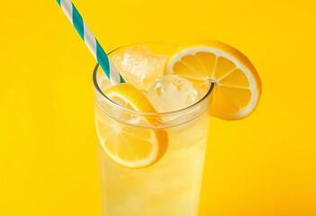 Refreshing iced soft drink with lemon, straw, yellow background, cool, glass