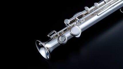 Fototapeta premium Close-up of a polished silver flute. Detailed view of keys and body