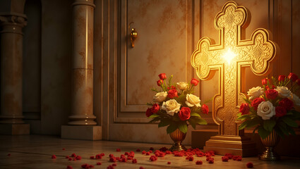 Exquisite Corpus Christi Church Service Art: Meticulous Liturgical Design & Culturally Significant Imagery in Dynamic Composition with Empty Space for Text