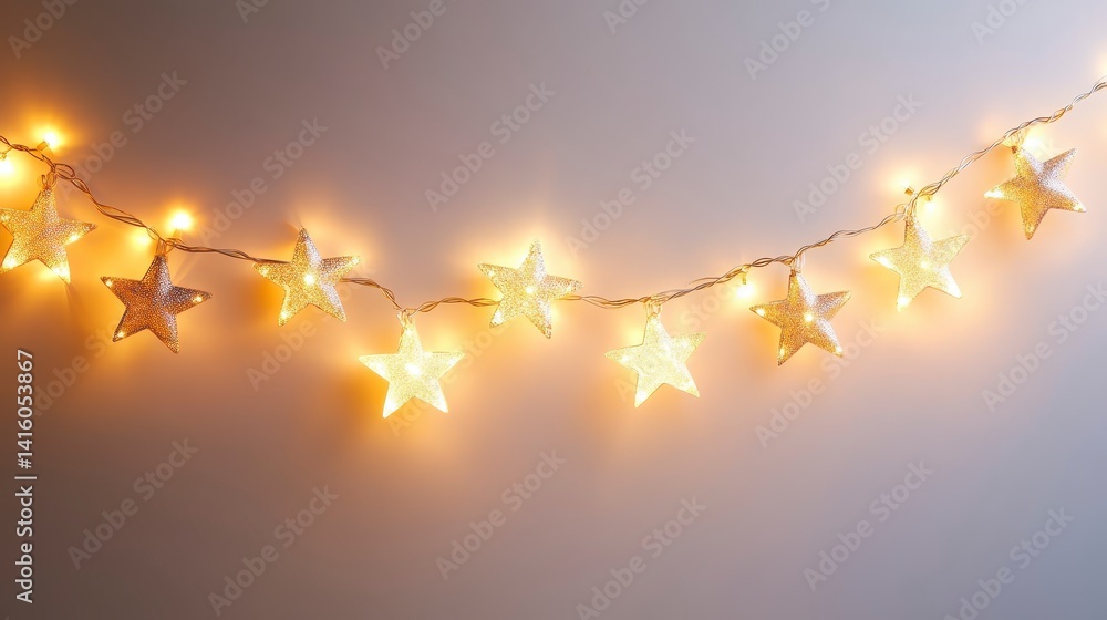 Poster golden star shaped string lights against soft gradient background for festive celebrations and warm 