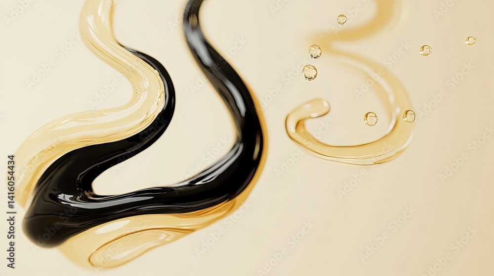 Poster a smooth. flowing ribbon of glossy black and golden liquid gracefully twists against a soft beige ba